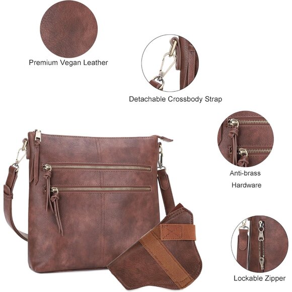 Women Large Concealed Carry Purse Vegan Leather Brown Multi-Pocket Crossbody Sty - Picture 6 of 6